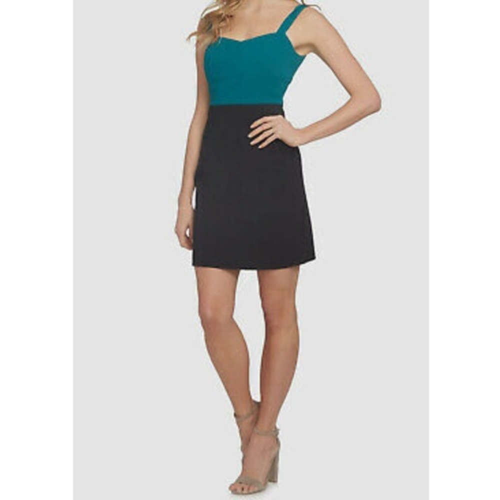 NWT Cece Black Green Colorblock Women’s Sweetheart Neck Sheath Mini Dress Sz 2